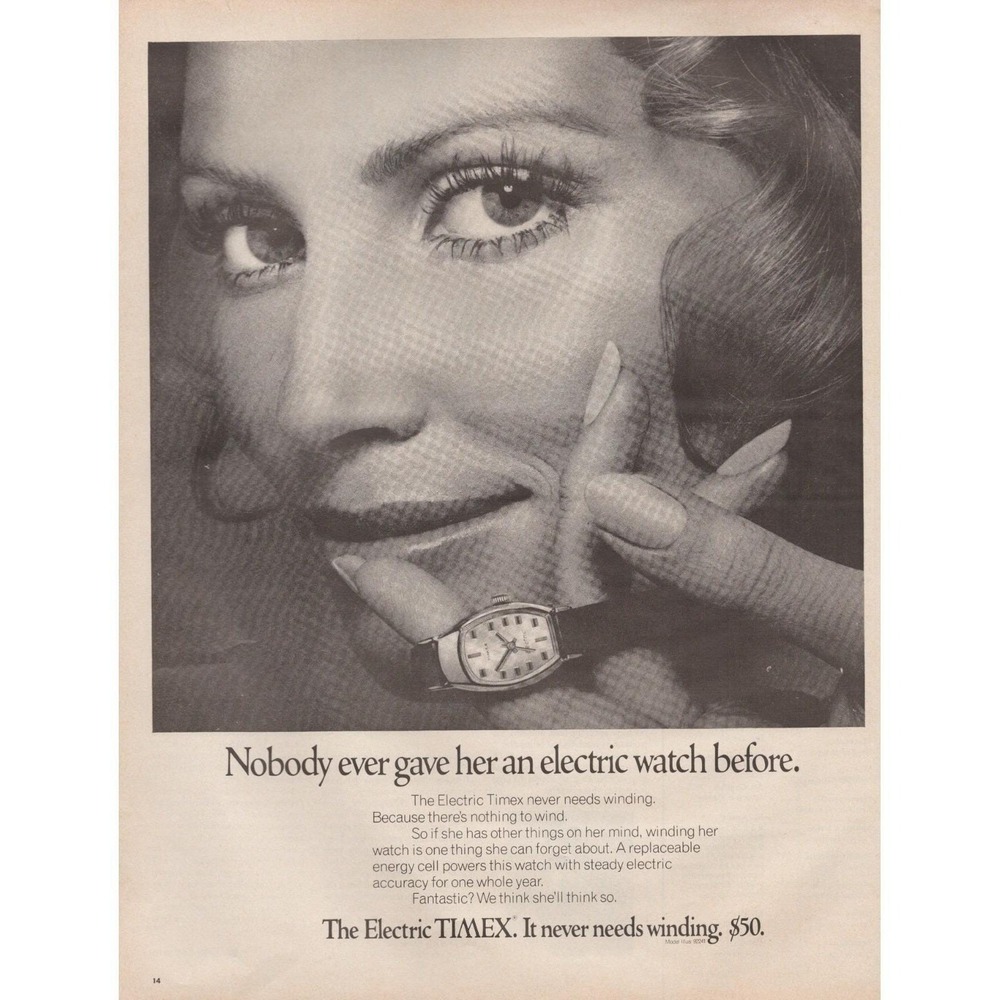 Timex Electric Watch Never Needs Winding Womens Gift Vintage Print Ad 1970‎